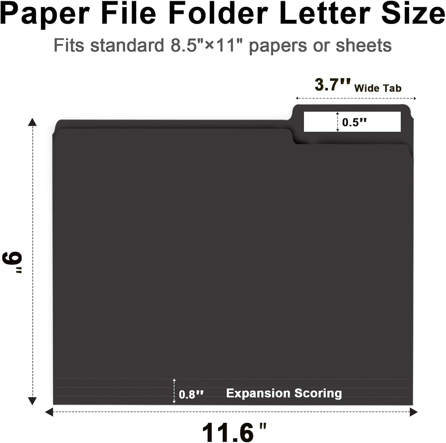 File Folder, RAZCC 100 Pack 1/3 Cut Tab File Folders Letter Size, Black Folders for Dcouments, Folders with Tab Great for Organizing and Easy File Storage