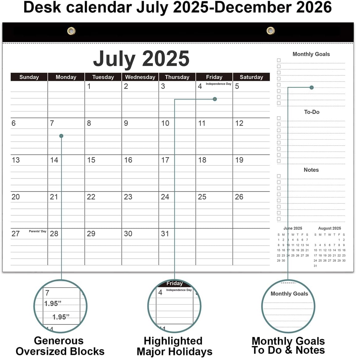 Desk Calendar 2025-2026 - 18 Months Calendar from September 2025 to December 2026, 2025-2026 Desk Calendar with Thick Paper, 12" x 17", Black