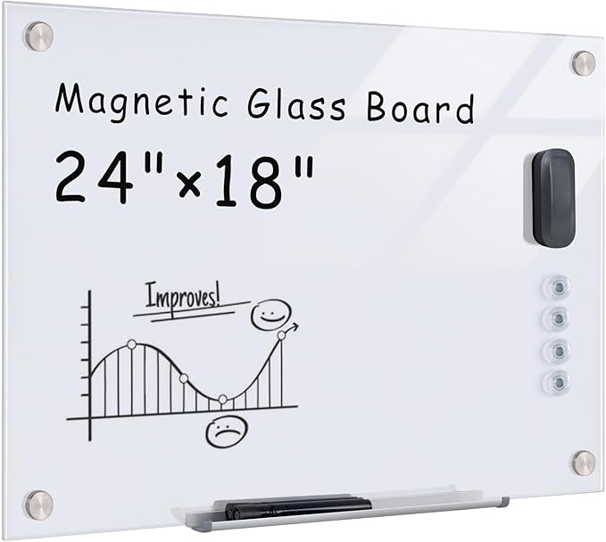 Magnetic Glass Whiteboard，24"x18" Wall Mounted Frameless Dry Erase Board for Office, Home & School Ultra White