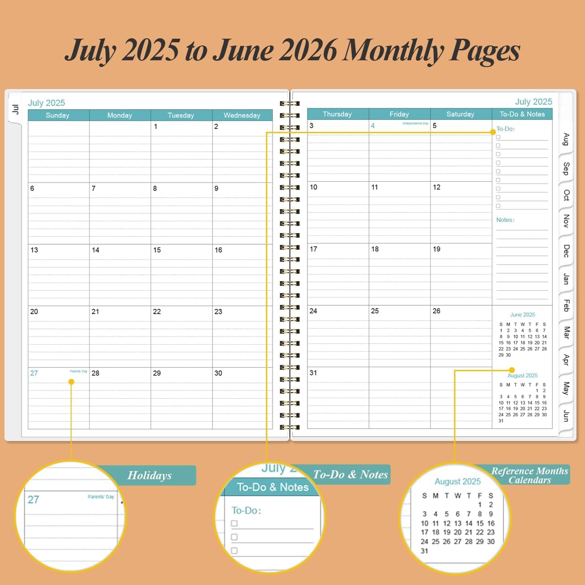 2025-2026 Planner - Academic Planner 2025-2026 from July 2025 to June 2026 with 12 Monthly Tabs, Flexible Cover, Inner Pocket, 8.5" x 11", Rose Flowers