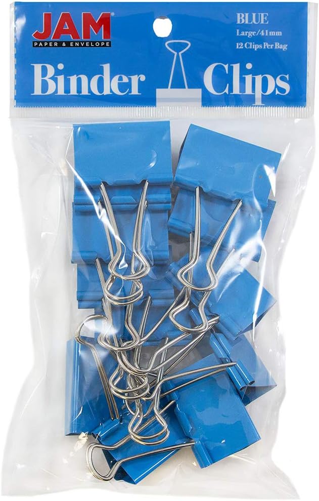 JAM PAPER Colorful Binder Clips - Large - 1 1/2 Inch (41 mm) - Blue Binderclips - 12/Pack