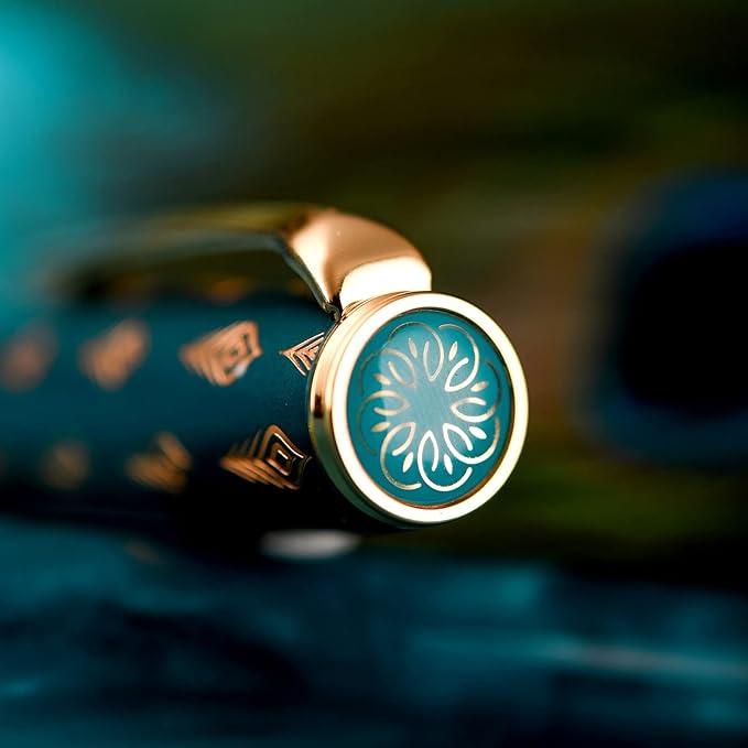 Hongdian N7 Blue Peacock Resin Piston Fountain Pen, Iridium Extra Fine Nib Classic Pen, Smooth Writing Pen with Metal Box