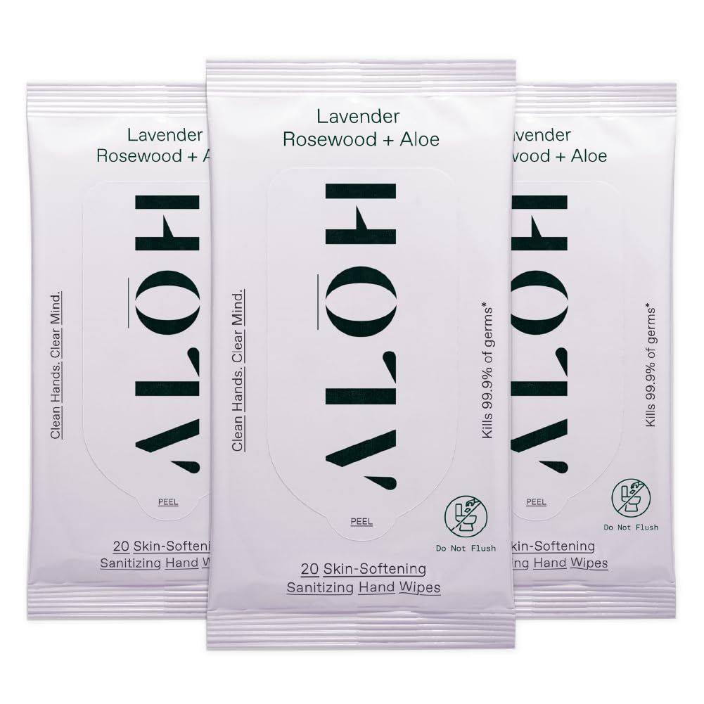 ALŌH Lavender Rosewood + Aloe Sanitizing Hand Wipes - Clean Hands, Clear Minds - On The Go Sanitizing Hand Wipes for Kids and Adults - Travel Size 3 Pack, 20ct Wipes (60 wipes)