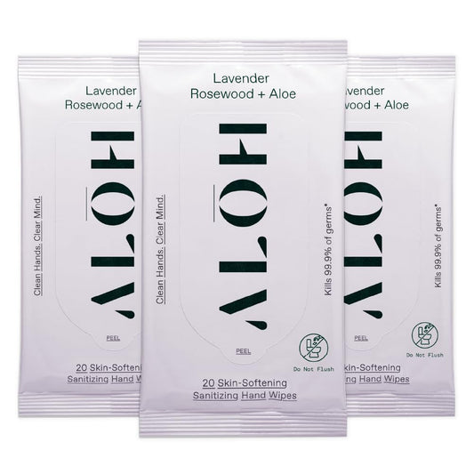 ALŌH Lavender Rosewood + Aloe Sanitizing Hand Wipes - Clean Hands, Clear Minds - On The Go Sanitizing Hand Wipes for Kids and Adults - Travel Size 3 Pack, 20ct Wipes (60 wipes)