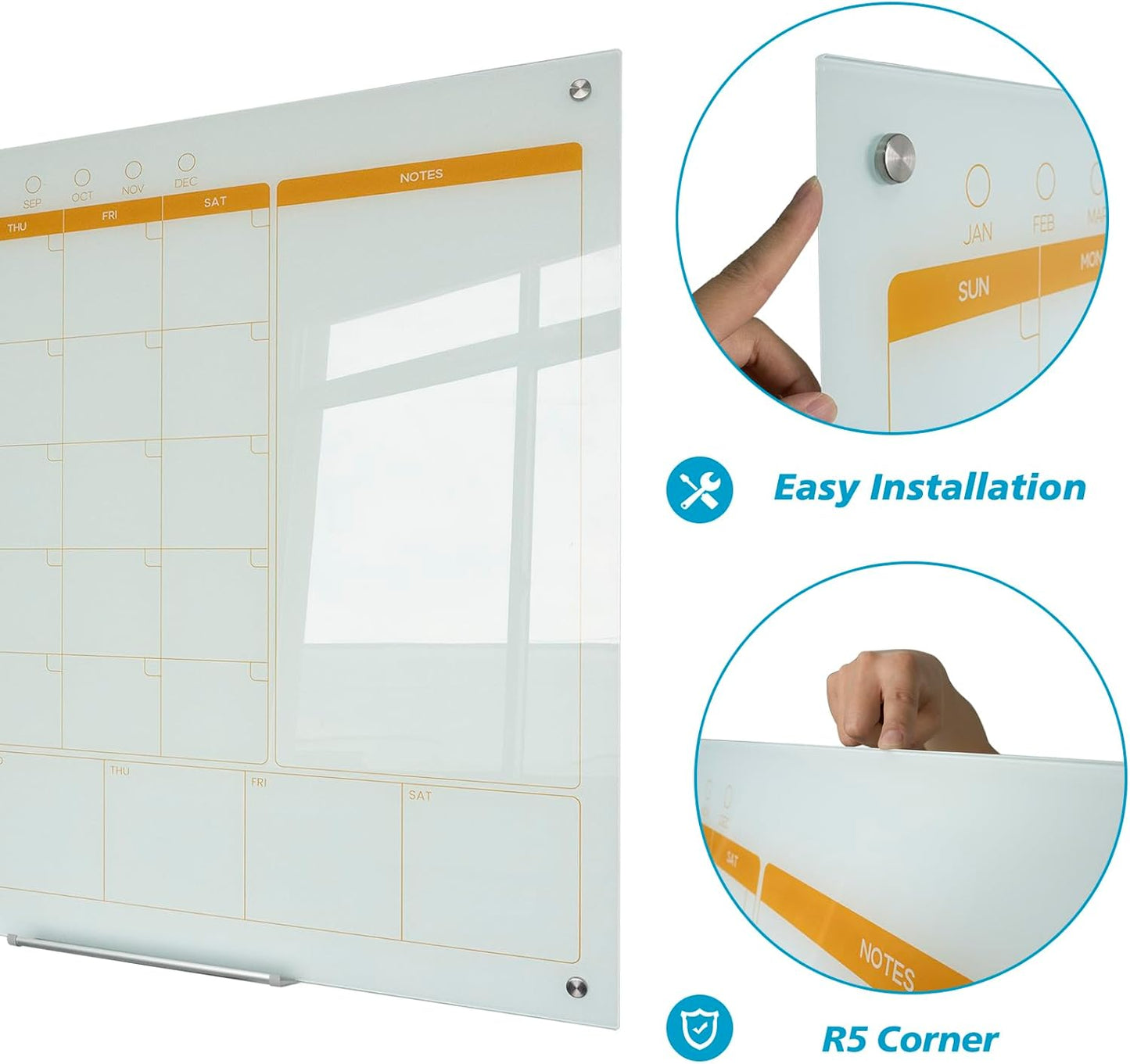 Magnetic Glass Planner Writeboard 36"X48" Monthly/Weekly 3 in 1 Calendar Premium Tempered Glass Dry Erase Boards Frameless Wall Mounted (White)