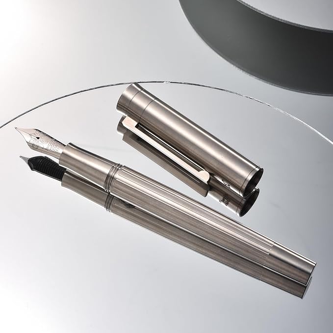Hongdian T1 Titanium Fountain Pen, Iridium Fine Soft Nib Chinese Knot Carving with Converter and Metal Case Set