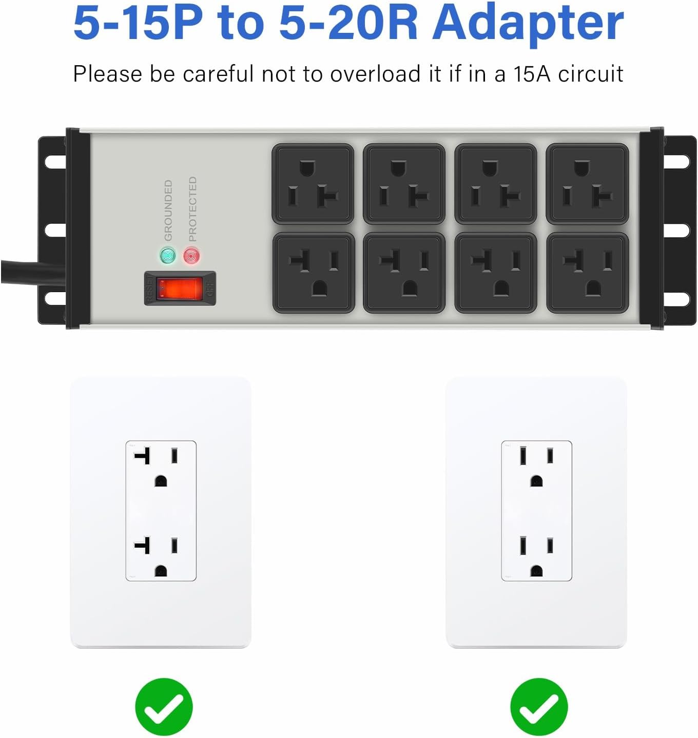 CCCEI Heavy Duty Power Strip Surge Protector 20 AMP, 8 Outlets 12 Gauge Industrial Shop Garage Metal Multiple Outlets, 10 FT Extension Cord 5-15P Adapter High Amp 6-20R T-Slot 20a for Appliance