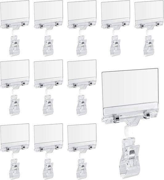 Biaungdo 12 Pcs Rotating Clip Swivel Sign Holder, Clear Rotatable Sign Holder with Double Clip Design, PVC Card Protector for Shelves, Store, Business, Exhibition