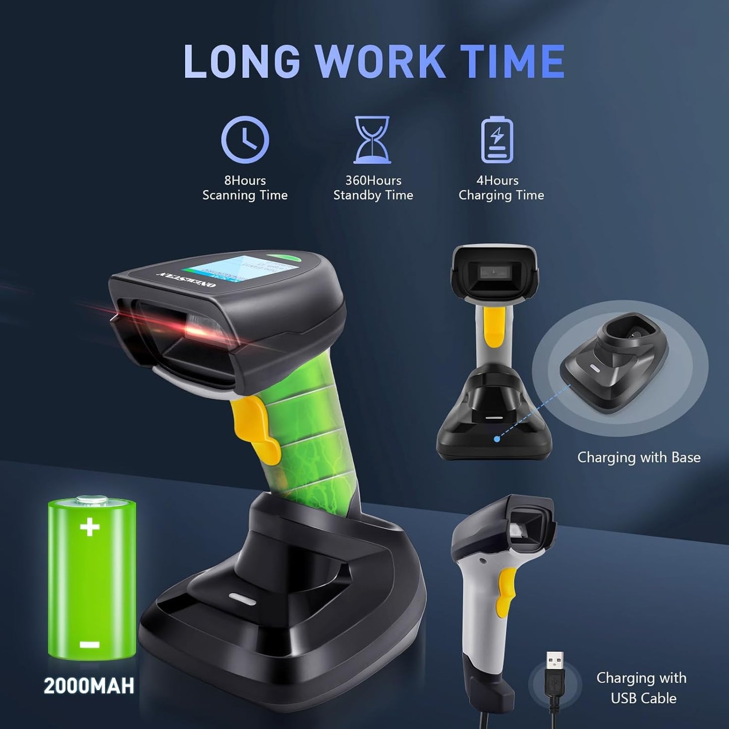 Barcode Scanner Wireless 1D, ONEWSCAN Barcode Reader with Smart Charging Base Stand 2.4G Wireless & USB Wired Connection Plug and Play Handheld Bar Code Scanners with Screen