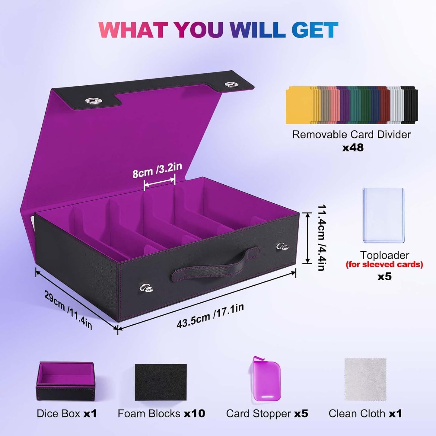 Trading Card Storage Box with Commander Display, 5 Row Magic Card Box with Handle & Aluminum Alloy Locking for 3900+ Unsleeved Cards Suits for MTG PTCG TCG Sports Cards (Black Purple)