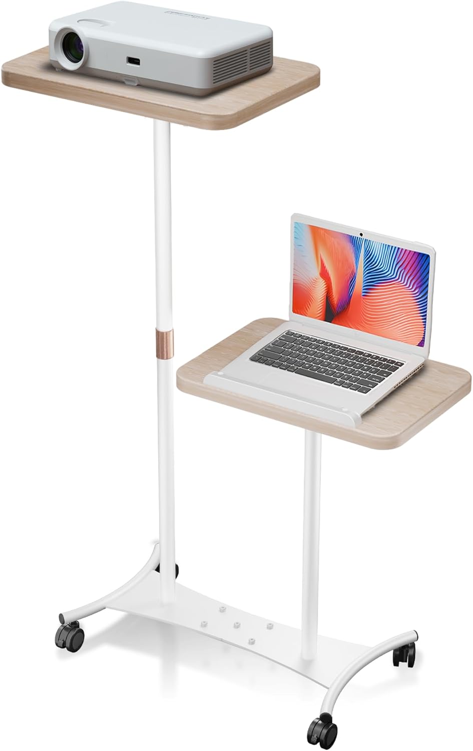 2 Shelves Projector Stand, Mobile Laptop Cart on Wheels Projector Stand Adjustable Height 20 to 53 Inches, Overbed Table with 5 Lockable Casters, Rolling Laptop Floor Stand for Couch (White)
