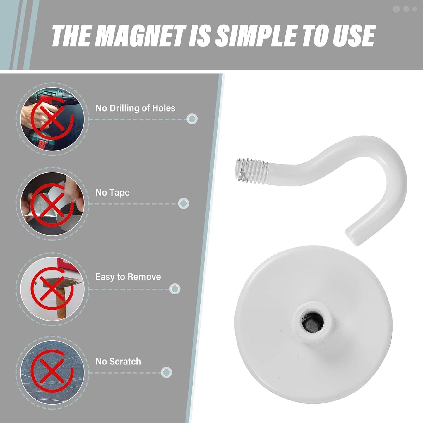 Neosmuk Magnetic Hooks Heavy Duty, Strong Magnet with Hook for Fridge, Super Neodymium Extra Strength Industrial Hooks for Hanging, Magnetic Hanger for Toolbox, Cruise, Grill(White,4 Pack)