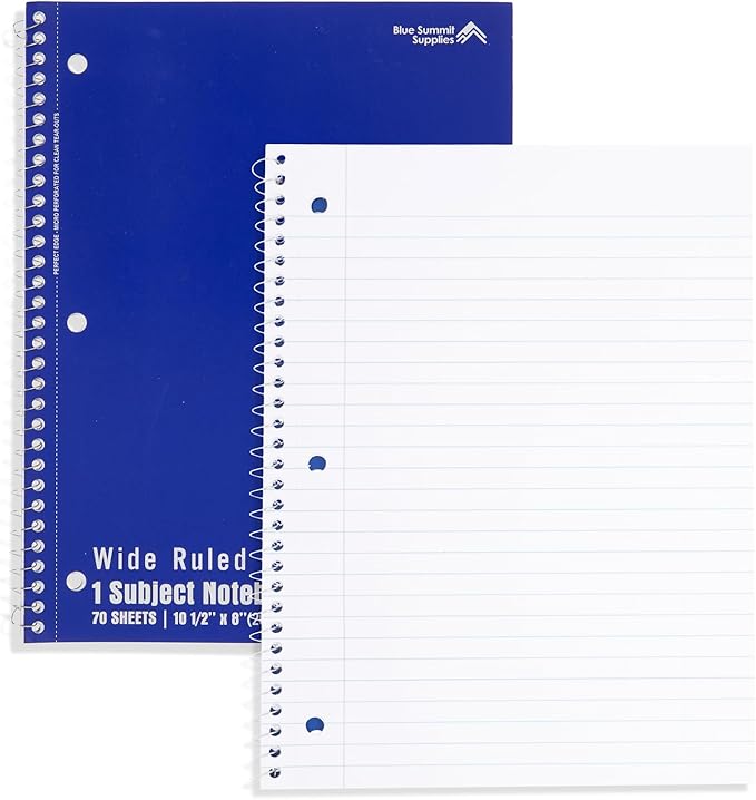 Blue Summit Wide Ruled Spiral Notebooks Bulk, 1 Subject Spiral Notebook Wide Ruled, Paper School Bulk Notebooks, 24 Pack