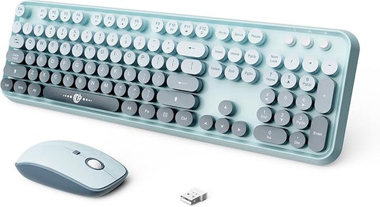 Wireless Keyboard and Mouse Combo, 2.4 GHz Wireless Full-Sized Typewriter Keyboard with Round Keycaps for Windows, Computer, Desktop, PC, Laptop (Light Blue)