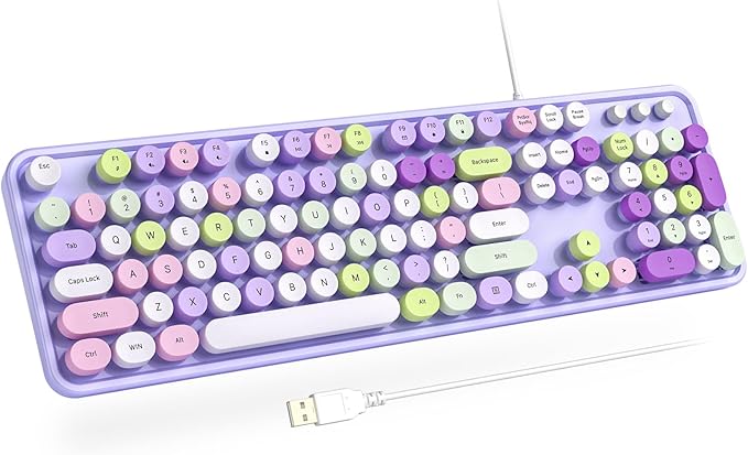 Computer Wired Keyboard, Plug Play USB Full-Size Keyboard with Large Number Pad, Caps Indicators, Foldable Stands, for Windows 7/8/10 PC Laptop (Purple Colorful)