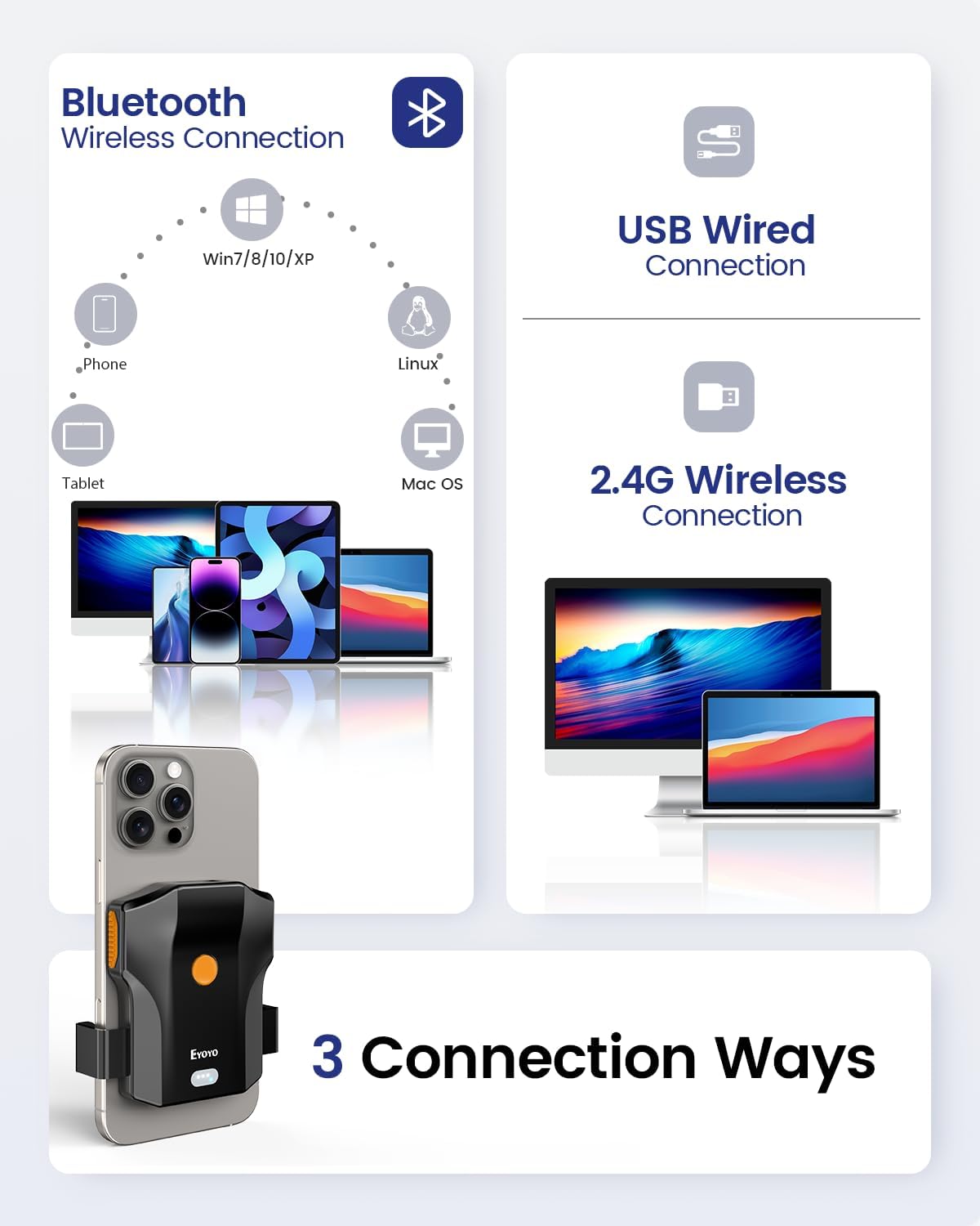 Eyoyo Bluetooth Barcode Scanner Wireless: Portable Phone Back Clip 1D Bar Code Reader for Library, Retail Store, Book Inventory - Fast UPC ISBN Scanner Compatible with 4.7"-7.2" Android Phone, iPhone