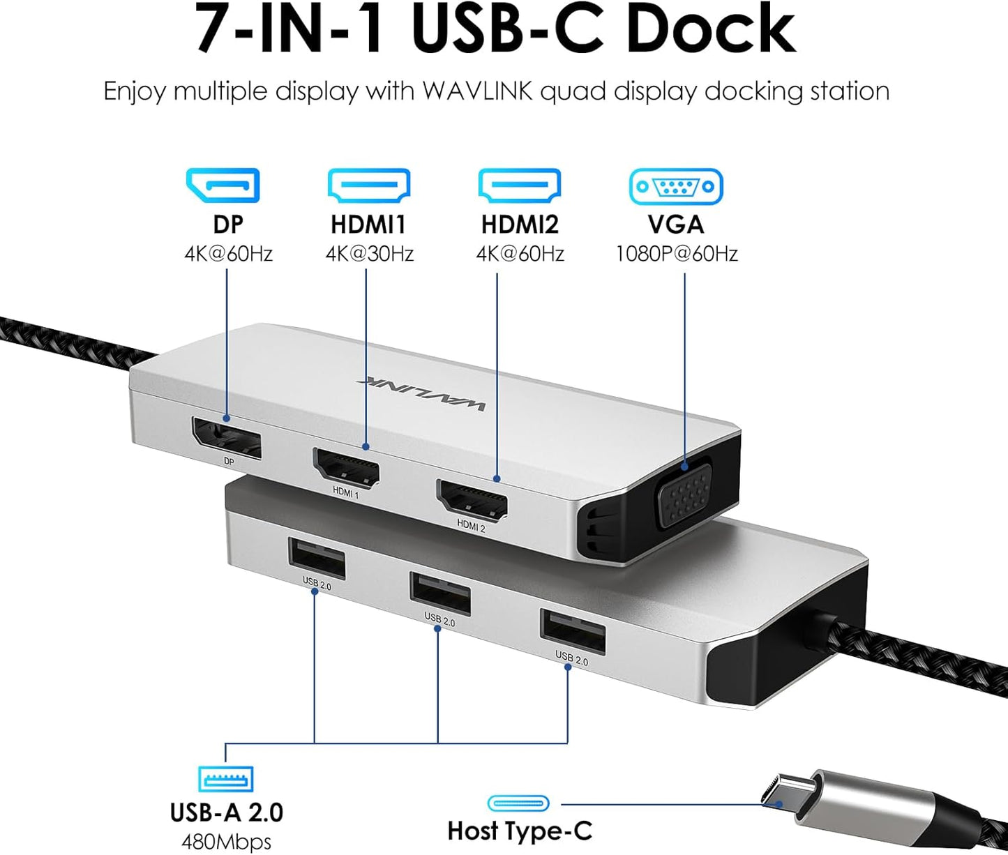 WAVLINK USB C Docking Station for MacBook Dell XPS 13/15, Lenovo Yoga, HP Laptops, USB C to Dual HDMI Monitors for Windows, Dual HDMI, Displayport, VGA, 3 USB 2.0 Ports, Silver