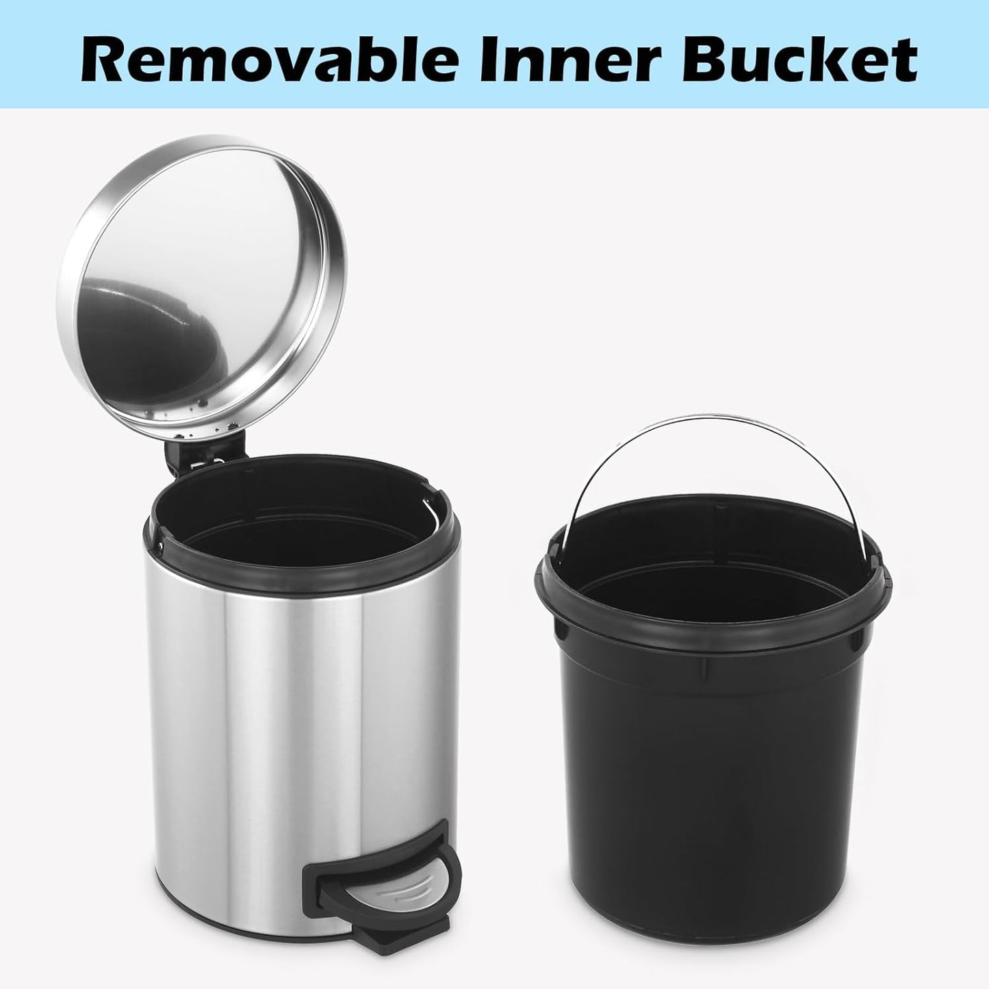 Kitchen Trash Can with Lid, 2 Pack 5 Liter/1.3 Gallon Stainless Steel Trash Can, Oval Step Garbage Can, Soft Close Trash Bin for Bathroom Home Office