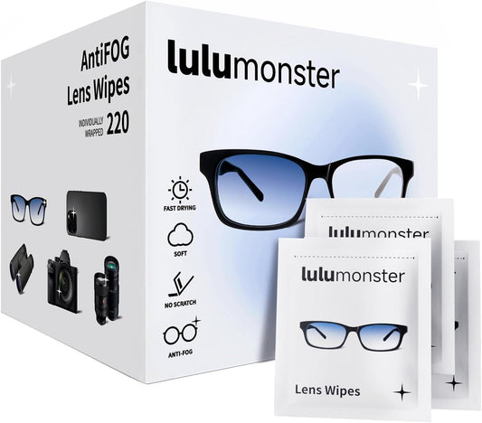 220 Count Anti Fog Lens Wipes for Eyeglasses, [Pre-Moistened Individually Wrapped Wipes] [Non-Scratching & Non-Streaking] Cleaner Wipes for Glasses, Sunglass, Phone Screen Camera Lens, Goggles