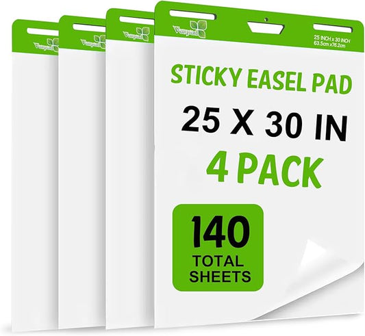 Sticky Easel Pad 25 in x 30 in, 35 Sheets/Pad, 4 Pads/Pack, 140 Sheets， Large White Sticky Easel Paper for Office and Classrooms, Flip Chart Paper for Teachers，Super Sticking Power & Bleed-Resistant