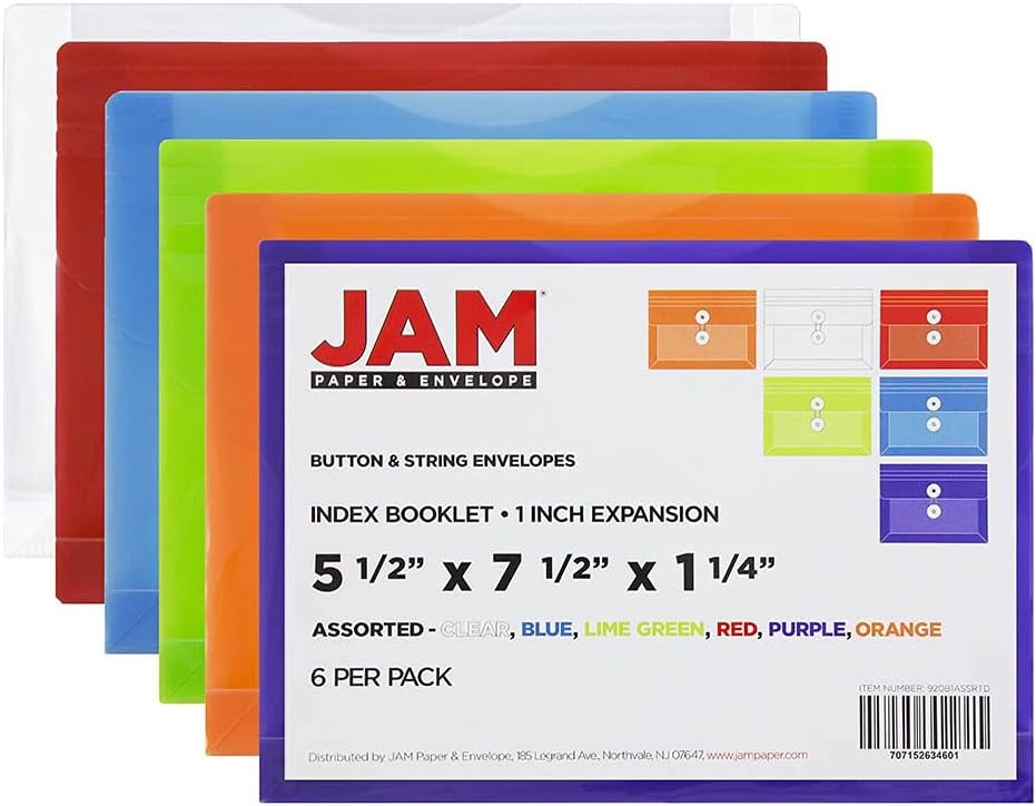 JAM PAPER Plastic Envelopes with Button & String Tie Closure - Index Size - 5 1/2 x 7 1/2 - Assorted Colors - 6/Pack