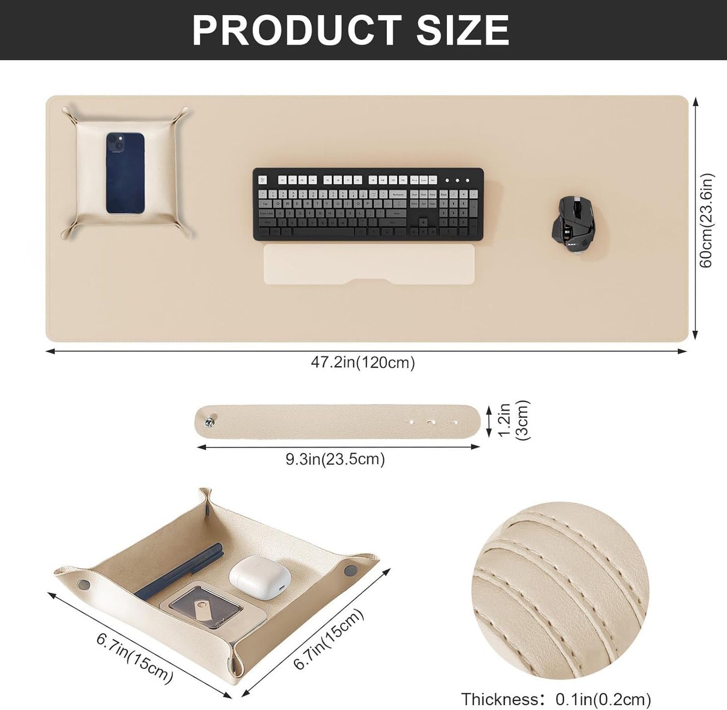 DAWNTREES Dual Sided Desk Mat,Khaki Leather Desk Pad,47.2''x23.6'',Cork Desk Mat Protector,120x60cm Extra Large Mouse Pad,with PU Leather Valet Tray Organizer,Desk Writing Pad for Office and Home