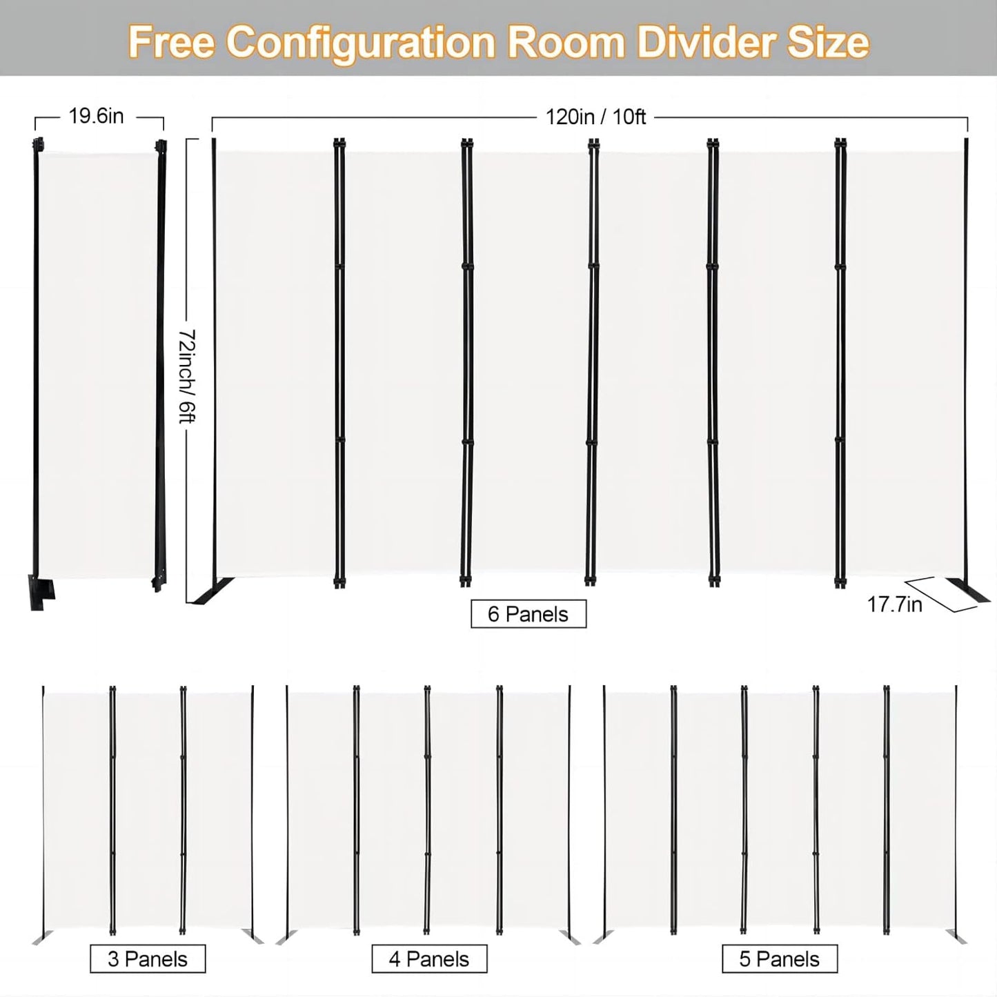 MAYOLIAH 6 Panel Folding Privacy Screen 9ft Wide, 6ft Tall Partition Room Divider Portable Office Walls Dividers Panel, White