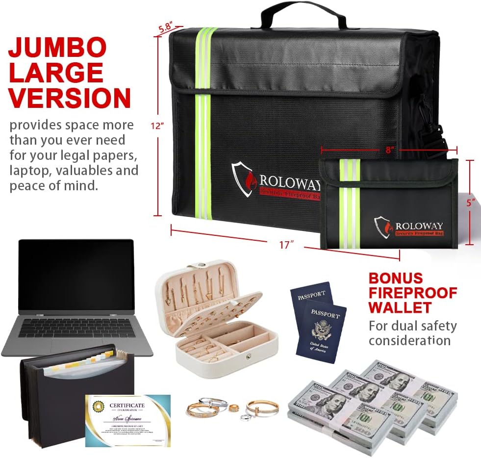 ROLOWAY Large (17 x 12 x 5.8 inches) Fireproof Bag with Reflective Strip, Water Resistant Fireproof Document Bag Safe for Money, Documents and Valuables Storage