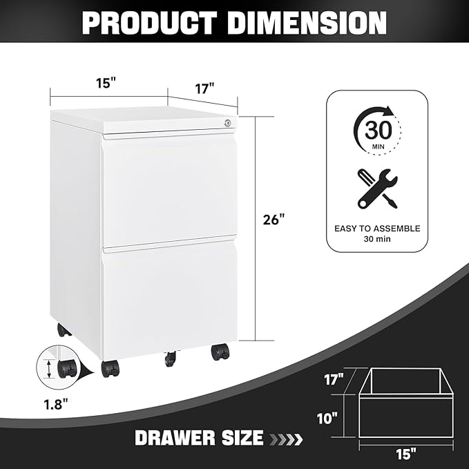 Mobile File Cabinet with Lock Steel Small Rolling 2 Drawer File Cabinet Legal/Letter/A4 Size Under Desk Metal Filing Cabinet for Home Office Vertical Filing Cabinet Printer Stand Assembly Required