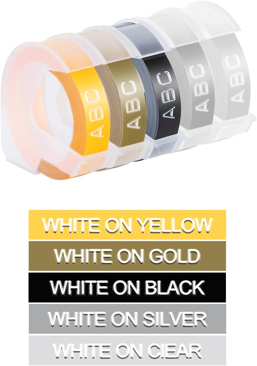 10 Pack Embossing Label Tape Compatible for Dymo Label Maker, 3/8 Inch 3D Plastic White on Black/Silver/Clear/Gold/Yellow, Compatible with Dymo Organizer Xpress 12965 12966