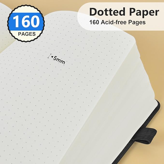 PERCUN Dotted Journal Notebook for Men & Women, 160 Pages Dot Grid notebook for Note Taking, Bullet Journaling Notebook for Work, School, Travel, Writing, A5 Hardcover 5.9" x 8.5"(Black)