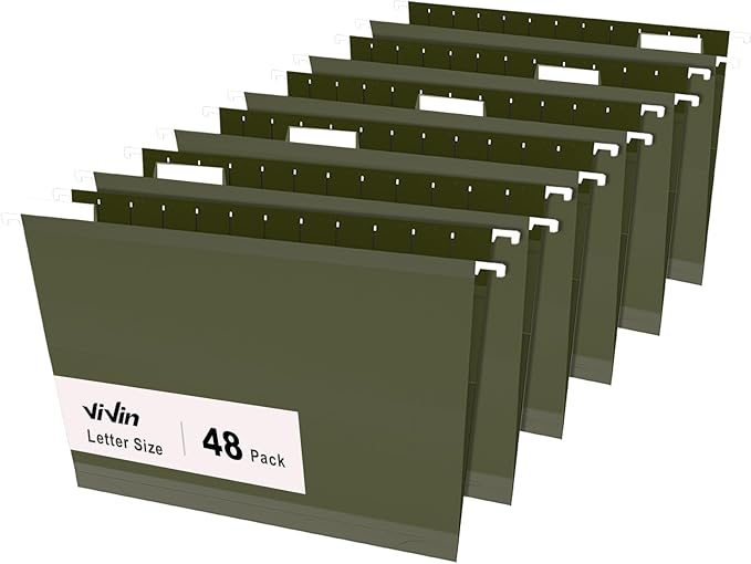 ViVin Hanging File Folders, 1/5-Cut Adjustable Tabs with 48 Per Box, 1 Inch Expansion, 48 Pack Letter Size Hanging File Folders, Designed for Office Home School Filing Cabinet(Green)