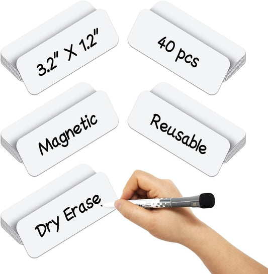 Dry Erase Magnetic Labels 3.1x1.2 Inch White, Reusable Magnetic Dry Erase Labels for Whiteboards，Pack of 40
