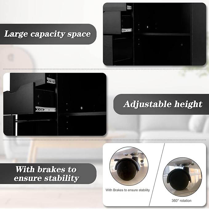 QDSSDECO 3-Drawer with Shelf Wood File Cabinet Mobile Lateral Filing Cabinet, with Rolling Wheel Printer Stand and Open Adjustable Storage Shelves, for Home Office, Black