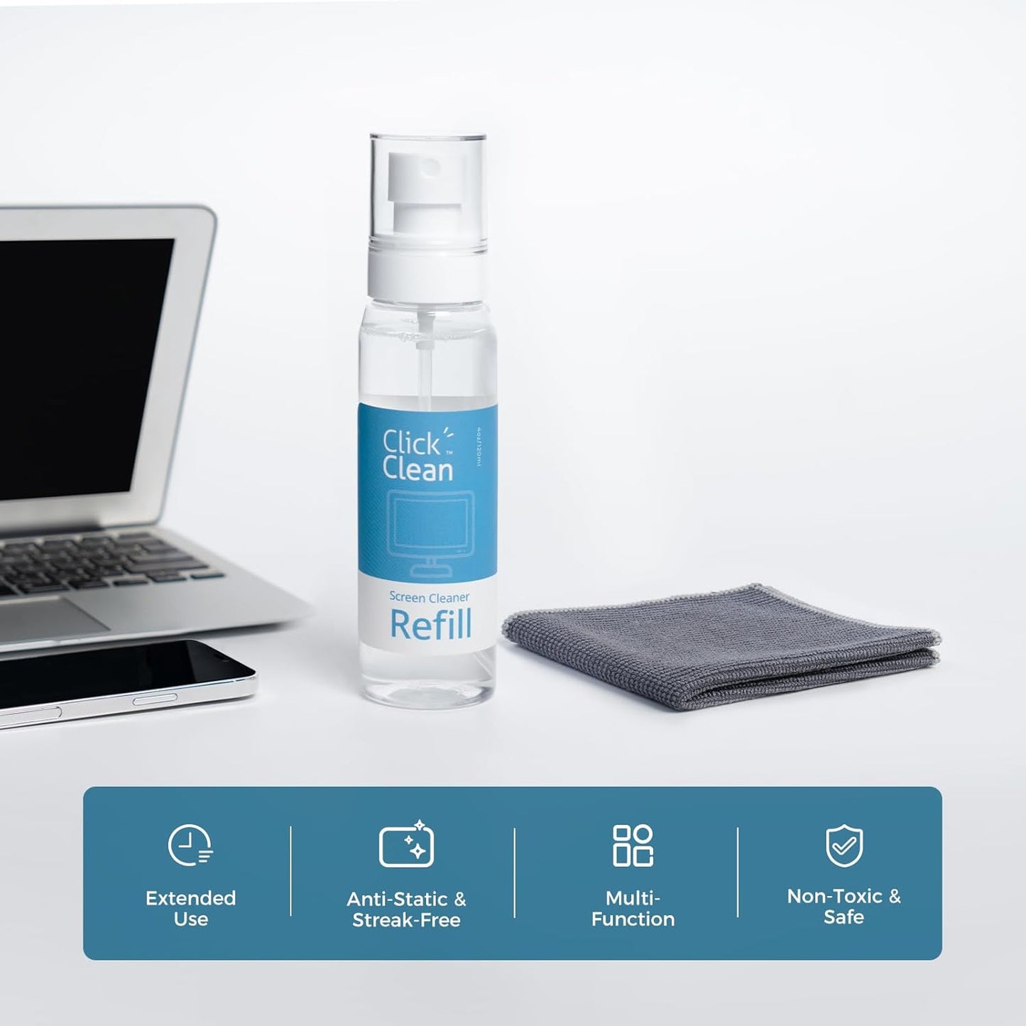 Click Clean Screen Cleaner Refill Kits - 4 oz Cleaner Refill and 1 Microfiber Cloth(7.8 x 7.8in), 1 Mini Refill Funnel + 1 Sprayer - Specially Designed for Click Clean Cleaning Products