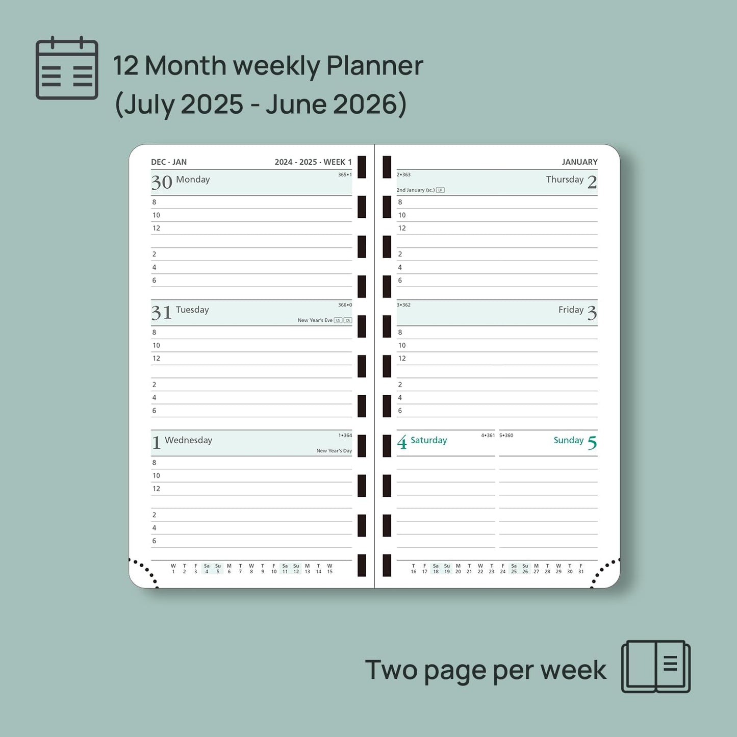 POPRUN Pocket Planner 2025-2026 (Slim Size 3.5'' x 6.5'') Academic Purse Calendar (July 2025 - June 2026) with Hourly Time Slots, 100GSM Thick Paper, Spiral Soft Cover - Pacific Green