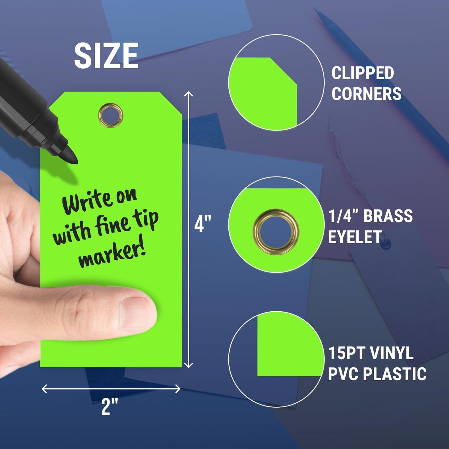 Tags 4 Less 15 Mil Waterproof Plastic Tags, Pack of 100 – 2” x 4” Heavy Duty Plastic Tags for Labeling, Outdoor Tagging, Equipment Labeling, Luggage, Valves & More (Fluorescent Green)