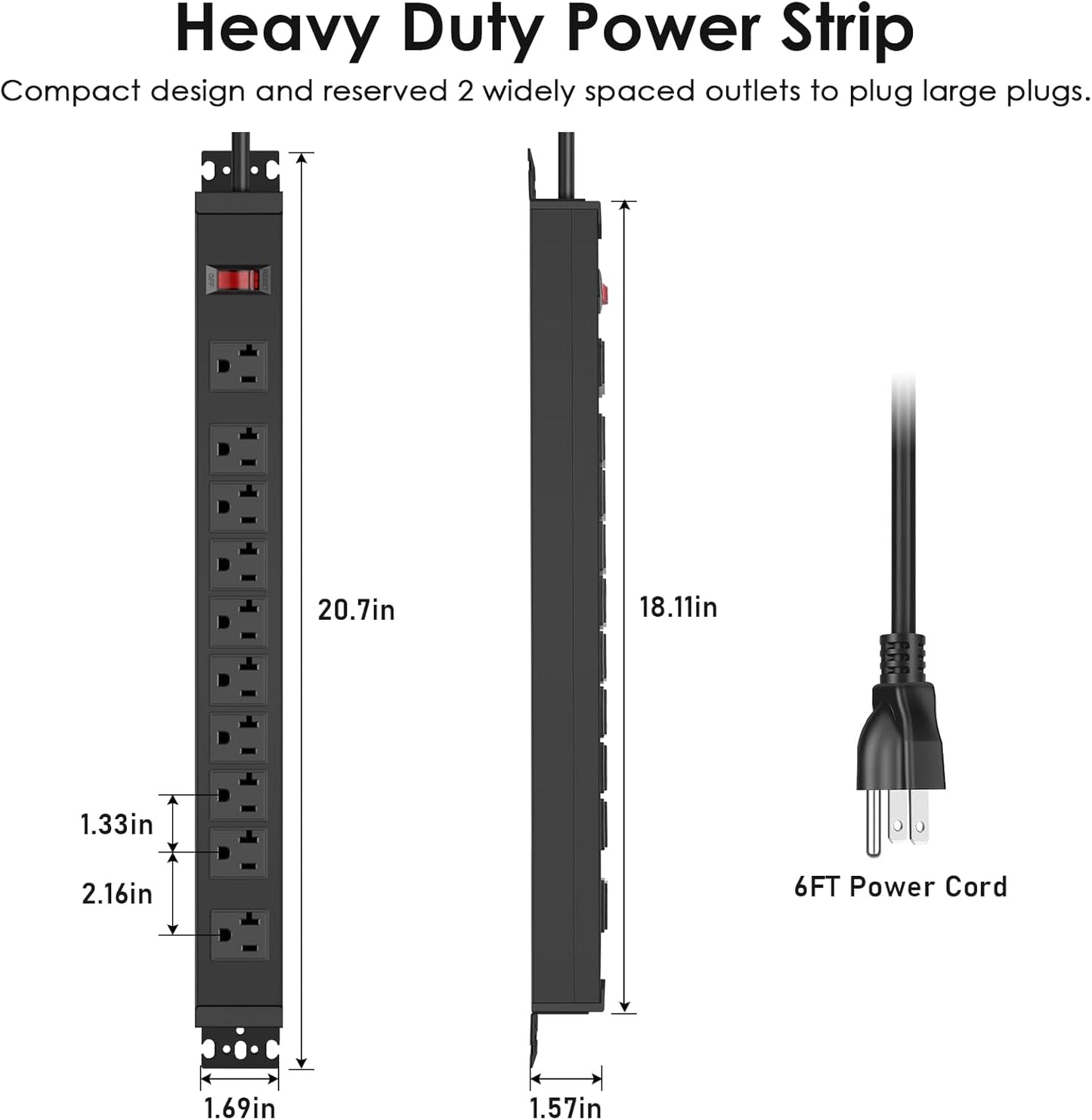 JUNNUJ Multi Angle Mount 10 Outlet 20 Amp Power Strip Heavy Duty, 2700J Surge Protector Under Desk with Switch 20A, Garage Workbench Gaming Outlet Table Wall Mountable, 6FT 12AWG Extension Cord