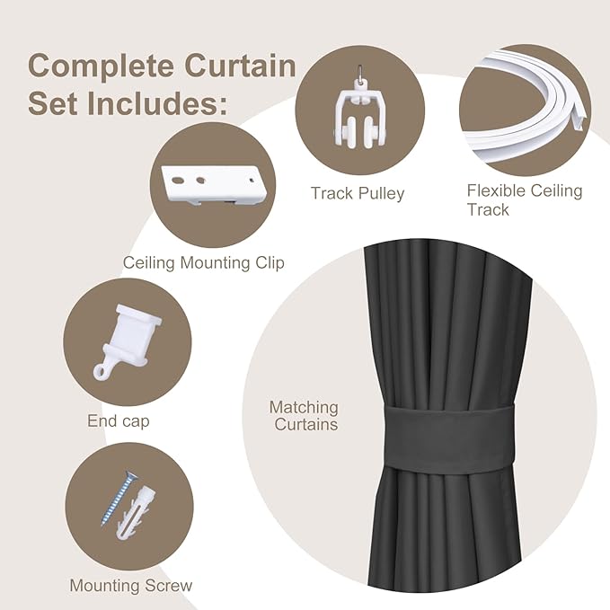 Room Divider Curtains & Flexible Bendable Tracks Set,Privacy Dividers Ceiling Track Curtain Window Blackout Curtains for Living Room Bedroom (W150 × H108 In 1 Panel Black Drape & White Rail)