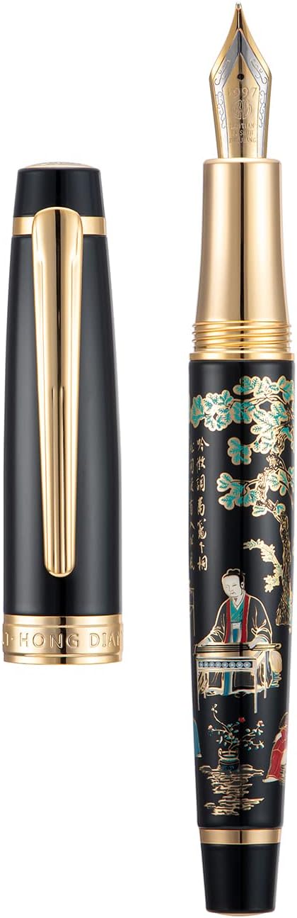 Hongdian 231 Chinese Classical Fountain Pen, Iridum Fine Gold Nib with Chinese Painting Design, Smooth Writing Pen with Ink Converter and Metal Pen Box Set