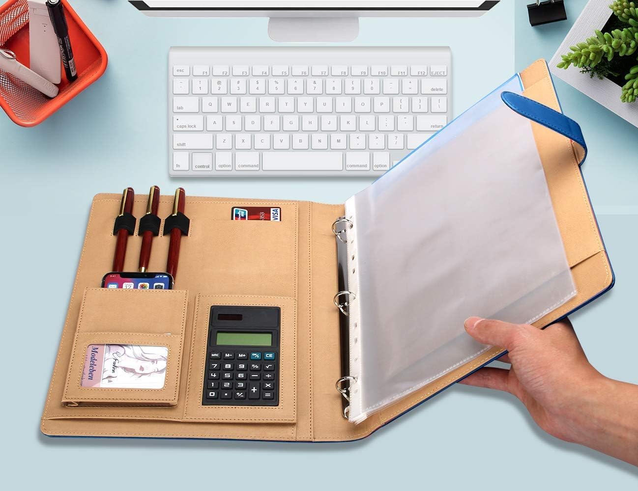 A4 Leather Padfolio with 3 Ring Portfolio Binder with Clipboard Padfolio for Women Men Professional Office Three Binders Organizer with Calculator Planner Portfolio Executive Closure Notebook Folder