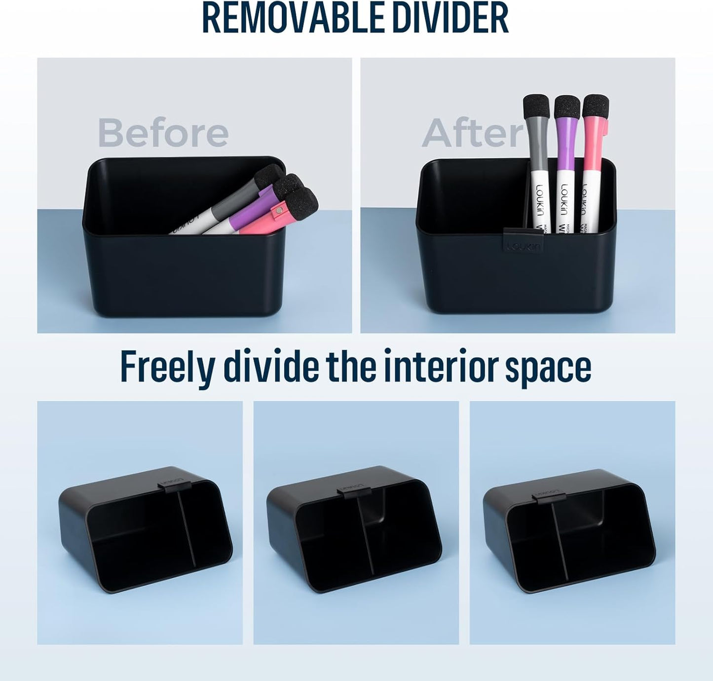 loukin Magnetic & Adhesive Dry Erase Marker Holder with Diver, 1 Small + 1 Mini, Magnetic Storage Organizer for Whiteboard or Refrigerators (Black)