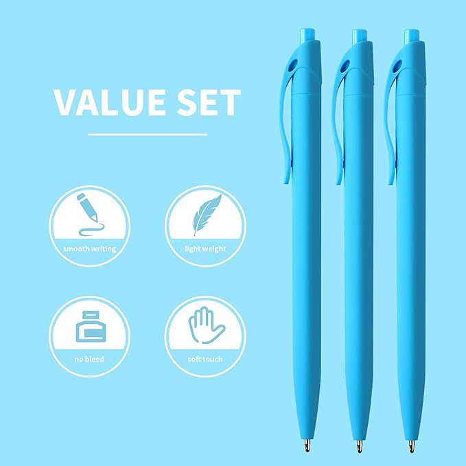 deegtran Pens Bulk, 50 Pack No Bleed Sky Blue Click Pen, Wholesale Retractable Ballpoint Pens, Pens Medium Point, Smooth Ink Pen, 1.0MM Sky Blue Ink
