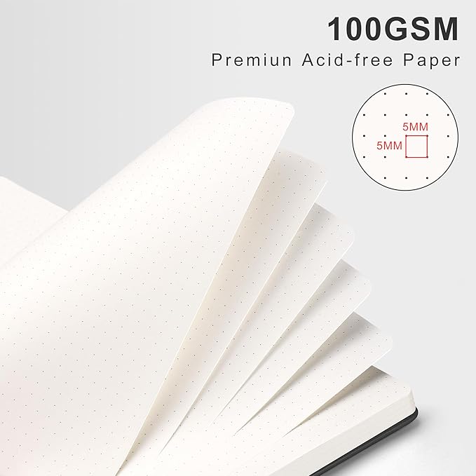 RETTACY Bullet Dotted Journal Notebook, 110 Pages, A4 Medium Size (8.5" × 11"), Leather Hardcover, 100 GSM Thick Paper, Spiral-bound, for Bullet Journaling, Planning, Tracking (Black)