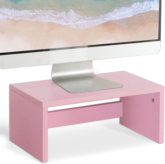 TEAMIX Pink Monitor Stand Riser-6.7 inch, Wood Higher Monitor Riser with Storage for Desk, Laptop Riser Computer PC Stand for Desktop Workspace Home Office(Pink-Higher)