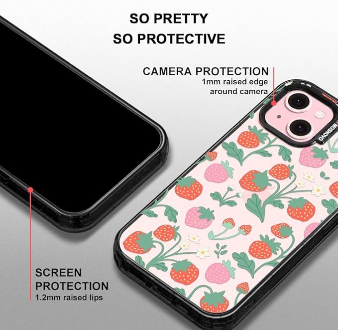 MOSNOVO Case for iPhone 15 Plus, [10ft 4X Military-Grade Drop Protection] Durable & Shockproof Phone Case Cover Design for iPhone 15 Plus / 14 Plus - Strawberry Garden - Clear Black
