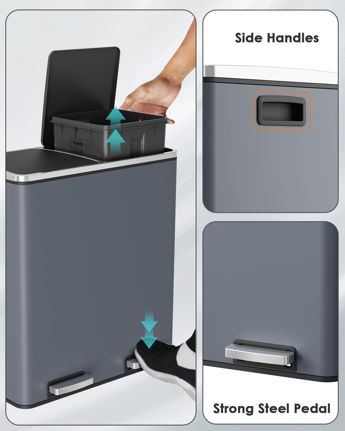 Arlopu 16 GallonStainless Steel Trash Can, 60L Dual Compartment, Metal Kitchen Step Recycle Bin, Metal Double Dustbin, in-Home Garbage Rubbish Can W/Removable Liner Buckets (Grey)