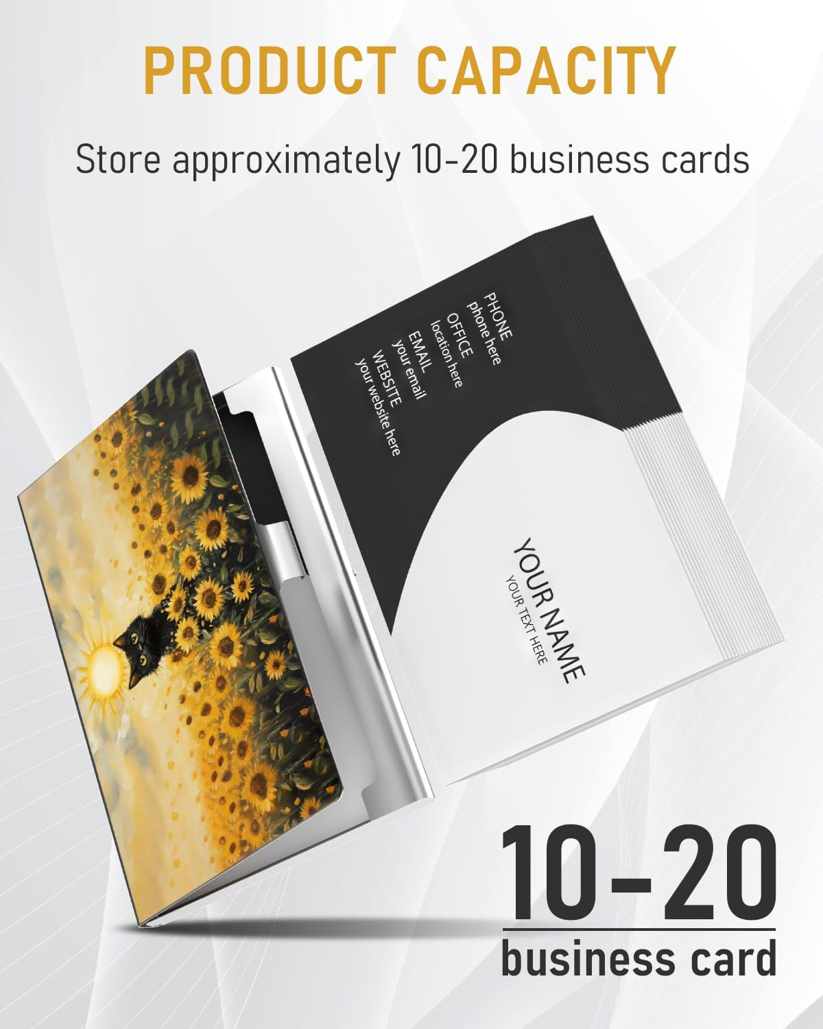 Business Card Metal Slim Organizer, Professional Stainless Steel Square Pocket Wallet for Office Workers, Compact and Portable for Pockets (Sunflower Cat A)