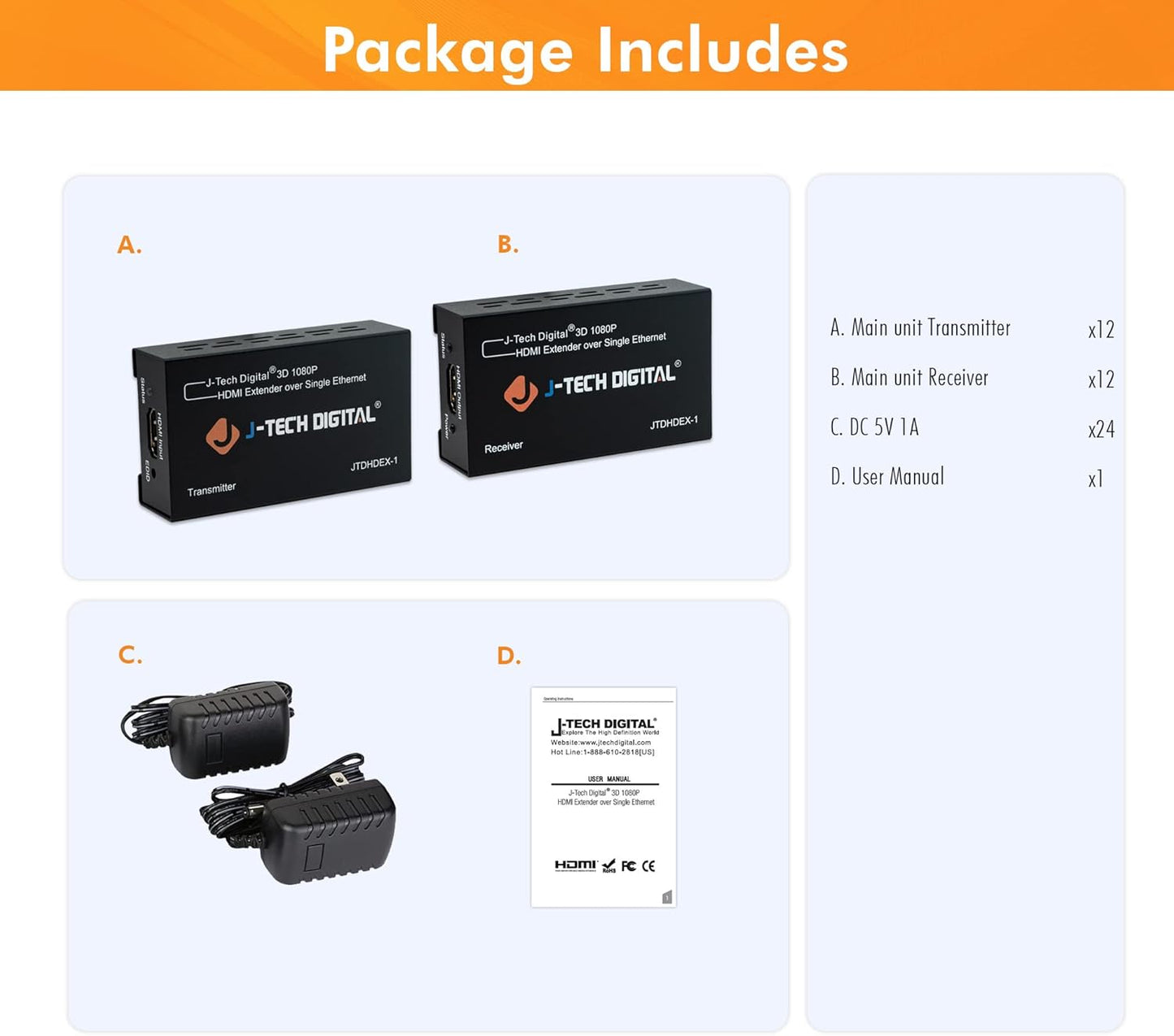 J-Tech Digital HDMI Extender 1080P 60Hz Over Single CAT 5e/6 Up to 200ft. | Deep Color, EDID Copy, Zero Signal Loss | Pack of 12 [JTDHDEX-1]