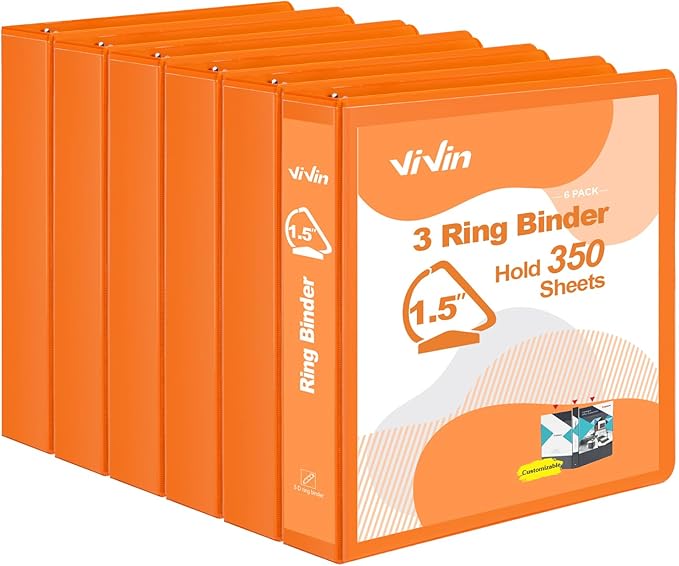 ViVin Sturdy 1.5 Inch 3 Ring Binder with Pockets, Slant-D Ring, PVC-Free, Customizable Clear View Binder,Holds 350 Sheets of 8.5" x 11" Paper,6 Pack (Orange)